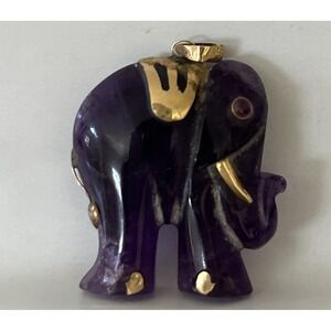 Vtg 14K 585 Purple Jade Elephant Pendant Charm with Gold Trim Embellishing READ